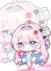  1girl ahoge alternate_costume apple_caramel blue_eyes blue_hair bow character_name chibi chibi_only colored_inner_hair commentary denia_(wuthering_waves) english_commentary hair_bow hair_intakes hair_ornament highres leotard long_hair looking_at_viewer multicolored_hair open_mouth pink_hair showgirl_skirt skirt solo white_leotard white_skirt wuthering_waves zoom_layer 