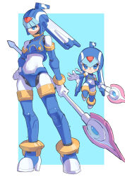  1girl armor blue_armor blue_background blue_eyes blue_helmet blush_stickers commentary_request fairy_leviathan_(mega_man) fins forehead_jewel full_body head_fins helmet highres holding holding_polearm holding_weapon mega_man_(series) mega_man_zero_(series) multiple_views omochi_(mochi_skymega) polearm spear standinf weapon 