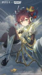  1girl absurdres atomic_heart bird_hair_ornament black_gloves black_leggings blue_eyes blue_sky boots braid braided_hair_rings brown_hair clouds copyright_name copyright_notice floating flutterpage gloves grey_boots grey_shirt grey_shorts hair_ornament hair_rings highres knees_up leggings logo looking_at_viewer official_alternate_costume official_art official_wallpaper puffy_short_sleeves puffy_sleeves reverse:1999 see-through_clothes see-through_skirt shirt short_sleeves shorts shorts_under_skirt skirt sky solo 