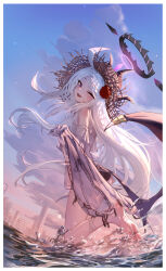  1girl ahoge bare_shoulders barefoot blue_archive blush clothes_lift clouds cloudy_sky commentary_request demon_girl demon_horns demon_wings floating_hair gradient_sky hair_ornament halo hat highres hina_(blue_archive) horns keji133 long_hair looking_at_viewer multiple_horns one_eye_closed parted_bangs skirt skirt_lift sky smile solo splashing straw_hat swimsuit very_long_hair violet_eyes white_hair wind wings 