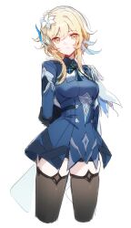  1girl arms_behind_back black_dress black_gloves black_thighhighs blonde_hair blue_cape blue_dress blue_feathers breasts brown_eyes cape chinese_commentary cleavage_cutout closed_mouth clothing_cutout commentary_request cowboy_shot dress earpiece epaulettes expressionless feather_hair_ornament feathers flower fur-trimmed_sleeves fur_trim genshin_impact gloves hair_between_eyes hair_flower hair_ornament hoxino long_sleeves looking_at_viewer lumine_(genshin_impact) lumine_(snezhnaya)_(genshin_impact) medium_breasts official_alternate_costume short_dress short_hair sidelocks simple_background solo standing thigh-highs thighs two-tone_dress white_background white_flower zettai_ryouiki 