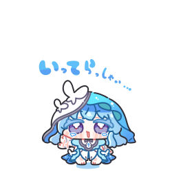  1girl blue_hair bug butterfly chibi chibi_only commentary_request dress highres long_hair looking_at_viewer open_mouth purple_pupils shorekeeper_(wuthering_waves) simple_background solo standing straight-on syurikenmaru tearing_up tears veil violet_eyes waving white_background white_dress white_veil wuthering_waves 