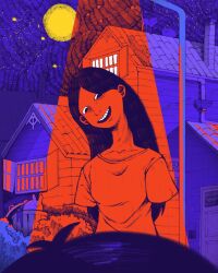  1girl black_hair commentary empty_eyes english_commentary hellmari_(omori) highres horror_(theme) house lamppost laweazombica mari_(faraway)_(omori) mari_(omori) moon omori rabbit smile spotlight sunny_(omori) trash_can 