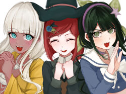  3girls bb_14ha bikini black_hair black_hat black_jacket blunt_bangs blush chabashira_tenko closed_eyes collared_shirt commentary_request danganronpa_(series) danganronpa_v3:_killing_harmony dark-skinned_female dark_skin facing_viewer hair_ornament hair_ribbon hairband hat highres jacket jewelry long_hair long_sleeves looking_at_viewer low_twintails mole mole_under_mouth multiple_girls necklace open_mouth red_hair ribbon sailor_collar school_uniform shell shell_necklace shirt short_hair simple_background smile swimsuit teeth twintails upper_teeth_only white_hair witch_hat yonaga_angie yumeno_himiko 