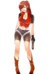  abs bike_shorts blood blue_eyes breasts claire_redfield cleavage denim denim_shorts fingerless_gloves gloves gun halter_top halterneck haltertop head_tilt highres kisaragi_(domino) large_breasts midriff navel pistol ponytail red_hair redhead resident_evil shorts simple_background solo weapon white_background 