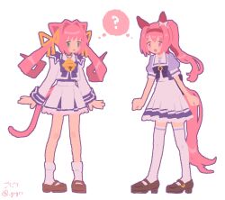  2girls :3 :d ? animal_ears bell black_outline blush_stickers bow bowtie brown_shoes cat_ears cat_girl cat_tail character_request collar commentary_request copyright_request double-parted_bangs dress ear_covers full_body green_eyes hair_between_eyes hair_bow hair_intakes hair_ribbon haru_urara_(umamusume) haruta_(hrtco) highres horse_ears horse_girl horseshoe_ornament jingle_bell kneehighs loafers long_hair long_sleeves looking_at_another multiple_girls neck_bell open_mouth orange_bow orange_ribbon outline pink_eyes pink_hair pleated_dress ponytail purple_bow purple_bowtie purple_dress red_collar ribbon sailor_collar sailor_dress school_uniform shoes sidelocks signature simple_background smile socks speech_bubble standing summer_uniform tail thigh-highs thought_bubble tracen_school_uniform twintails twitter_username two-tone_dress umamusume white_background white_bow white_dress white_sailor_collar white_socks white_thighhighs 