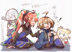  +++ 4girls :/ :d ? ahoge arm_at_side artist_name assault_lily asymmetrical_legwear black_bow black_bowtie black_gloves black_pantyhose black_scrunchie black_shoes blonde_hair blue_capelet blue_cloak blue_eyes blue_leg_warmers blue_shirt blue_skirt bow bowtie braid brown_hair capelet cloak collared_shirt detached_sleeves double_bun elbow_on_knee fingerless_gloves gloves green_ribbon grey_background grey_hair hair_between_eyes hair_bun hair_ornament hair_ribbon hair_scrunchie half-closed_eyes half_up_braid hand_on_another's_shoulder high_ponytail itou_urara kawamura_yuzuriha knee_up leg_warmers long_hair long_sleeves looking_at_another miniskirt motion_lines multiple_girls nabezoko_no_okoge odaiba_girls_high_school_uniform open_mouth orange_hair pantyhose pink_eyes polka_dot polka_dot_bow polka_dot_bowtie ponytail profile puff_of_air ribbon saigou_kurena school_uniform scrunchie shirt shoes sitting skirt smile translation_request two-tone_shirt uneven_legwear very_long_hair white_shirt yellow_eyes yokoyama_azusa yokozuwari 