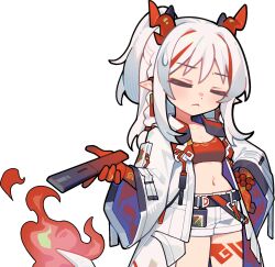  1girl :< =_= arknights arm_tattoo bandeau bead_bracelet beads blush bracelet braid breasts colored_extremities colored_skin cowboy_shot dragon_girl dragon_horns dragon_tail earrings fire flame-tipped_tail frown highres holding holding_stick horns jacket jewelry leg_tattoo long_hair long_sleeves looking_at_viewer midriff multicolored_hair navel nian_(arknights) official_art open_clothes open_jacket ponytail red_bandeau red_skin red_streaks shorts simple_background small_breasts solo stick streaked_hair sweatdrop tachi-e tail tassel tassel_earrings tattoo transparent_background white_hair white_jacket white_shorts 