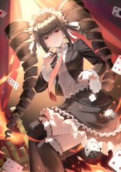  1girl absurdres ace_(playing_card) ace_of_hearts black_hair black_jacket black_nails black_ribbon black_skirt black_thighhighs blazer blunt_bangs bow buttons card celestia_ludenberg center_frills club_(shape) collared_jacket collared_shirt commentary_request cowboy_shot cross-laced_clothes cross-laced_sleeves crossed_legs curtains danganronpa:_trigger_happy_havoc danganronpa_(series) diamond_(shape) dice dot_nose dress_shirt drill_hair earrings embers eyelashes fire floating_card frilled_hairband frilled_jacket frilled_shirt frilled_skirt frilled_sleeves frilled_thighhighs frills gothic_lolita hair_bow hairband heart highres indoors jacket jewelry lace-trimmed_skirt lace_trim lapels lolita_fashion lolita_hairband long_hair long_sleeves looking_at_viewer miniskirt nail_polish neck_ribbon necktie notched_lapels on_table open_clothes open_jacket papu_(papu1006) parted_lips planet_earrings playing_card poker_chip poker_table red_eyes red_necktie ribbon ribbon-trimmed_thighhighs ribbon_legwear ribbon_trim shirt sidelocks sitting skirt sleeve_ribbon smile solo spade_(shape) spotlight stage table thigh-highs twin_drills twintails very_long_hair white_bow white_ribbon white_shirt 