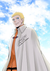 1boy blonde_hair blue_eyes blue_sky boruto:_naruto_next_generations boruto_(series) cloak clouds collared_cloak commentary_request facial_mark jacket makio1313 male_focus naruto_(series) orange_jacket sky smile solo upper_body uzumaki_naruto whisker_markings white_cloak 