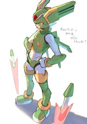  1boy armor commentary_request energy_sword facial_mark full_body green_armor green_eyes green_helmet helmet highres male_focus mega_man_(series) mega_man_zero_(series) omochi_(mochi_skymega) sage_harpuia_(mega_man) simple_background solo standing sword weapon white_background 