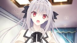  1girl black_bow black_bowtie bow bowtie braid ceiling crown_braid curtains day double_bowtie dress game_asset grey_bow grey_bowtie grey_hair hair_bow indoors juliet_sleeves lapels long_hair long_sleeves looking_at_viewer multiple_hair_bows non-web_source open_mouth plaid_bow plaid_bowtie plaid_clothes puffy_sleeves red_eyes sakurakouji_luna school_uniform self-datamine suzuhira_hiro tsuki_ni_yorisou_otome_no_sahou white_dress 