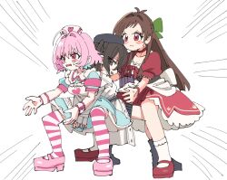  #unicus_(idolmaster) 3girls absurdres ahoge aqua_dress aqua_hair blush brown_hair colored_inner_hair commentary dress gattai_(hunter_x_hunter) hat highres hunter_x_hunter idolmaster idolmaster_cinderella_girls idolmaster_cinderella_girls_starlight_stage long_hair medium_hair multicolored_hair multiple_girls nurse_cap open_mouth parody pink_eyes pink_hair pink_shoes pink_thighhighs red_dress red_eyes shoes simple_background squatting striped_clothes striped_thighhighs sukoyaka_(100hituzi) thigh-highs two-tone_hair untranslatable_commentary white_background white_hat yumemi_riamu 