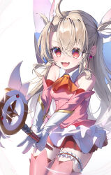  :o absurdres bare_shoulders breasts commentary_request dongyang_kissoml dress fang fate/kaleid_liner_prisma_illya fate_(series) hair_between_eyes highres holding holding_wand illyasviel_von_einzbern laughing layered_gloves loli long_hair magical_girl open_mouth prisma_illya red_eyes skin_fang sleeveless sleeveless_dress small_breasts thigh_strap wand white_background white_hair 
