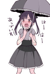  1girl black_bow black_skirt blush bow brown_eyes chamcham_(sutochiru) commentary_request hair_bow high-waist_skirt highres holding holding_umbrella katsuwo_(cr66g) long_hair mask mask_pull mouth_mask official_artist_extra open_mouth purple_hair shirt short_sleeves simple_background skirt sutochiru sweat translation_request twintails umbrella white_background white_shirt 