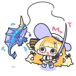  1girl ^^^ black_bow black_eyes blonde_hair bow chibi chibi_only commentary_request dress fish fishing_rod hair_bow hair_ornament hat highres holding holding_fishing_rod large_hat long_hair open_mouth phoebe_(wuthering_waves) simple_background solo striped_bow syurikenmaru very_long_hair white_background white_dress white_hat wuthering_waves x_hair_ornament 