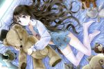  bear bed black_hair kamisama_no_memo_chou kishida_mel long_hair shionji_yuuko teddy_bear thigh-highs thighhighs 
