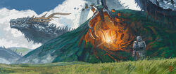  1other ambiguous_gender armor clouds cloudy_sky commentary_request day dragon facing_away field full_armor grand_scale highres huge_weapon monster monster_focus original outdoors sky standing sword taiyakiki-5687 weapon western_dragon wide_shot 