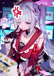  1girl anger_vein black_gloves breasts clothing_cutout commentary diamond_(shape) diamond_facial_mark emoji error_message facial_mark gloves grey_hair hat heart heart_facial_mark highres honkai:_star_rail honkai_(series) kagaku_o long_hair looking_at_viewer mark_under_both_eyes medium_breasts mini_hat mini_top_hat one_eye_closed pleading_face_emoji red_eyes red_shirt shirt shoulder_cutout sitting solo sparkle_(honkai:_star_rail) sparxie_(honkai:_star_rail) top_hat twintails v wide_sleeves 
