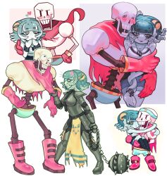 1boy 1girl 2026 2d 6_9 alternate_costume anger_vein anthro aqua_boots aqua_headband aqua_shorts aqua_skin armor armored_boots belt black_boots black_shirt blue_shorts blush boots bracelet breast_press breastplate breasts cape carrying carrying_person cephalopod cephalopod_eyes chains chibi closed_eyes clothes_grab colored_skin commentary crop_top cropped_legs cropped_torso delta_rune_(symbol) delta_rune_print denim denim_shorts digital_media duo eyelashes female full_body gauntlets gloves green_hair green_pupils grey_background hand_on_another's_shoulder hand_on_own_hip hands_on_own_chin headband heart height_difference hetero highres holding holding_chain holding_weapon horizontal_pupils hug humanoid ichi_(tentaclesnbones) interspecies jewelry legs_apart long_arms mace making-of_available male monster monster_boy monster_girl multiple_views necklace notice_lines oc_x_canon octopus octopus_girl official_alternate_costume open_mouth orange_background original original_character papyrus_(undertale) pauldrons pelvic_curtain princess_carry red_boots red_cape red_gloves shirt short_hair shorts sideways_glance simple_background skeleton smile spiked_bracelet spikes standing striped_clothes striped_shorts suction_cups sweat teeth tentacle_girl tentacle_hair tube_shirt undead undertale utdr_(toby_fox) weapon white_armor white_background white_crop_top yellow_eyes yellow_pelvic_curtain