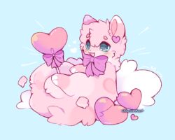  :3 animal animal_focus aqua_eyes blue_background blue_eyes blush bow bowtie chibi chibi_only commentary creature dot_nose fluffy full_body heart highres holding mew_mew_chikorita_moon no_humans open_mouth original pastel_colors pawpads pink_theme pokemon simple_background sitting smile solo tail yume_kawaii 