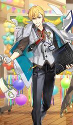  1boy balloon black_pants book brown_shirt chalk character_doll clipboard collared_shirt commentary_request doll earrings eraser fate/grand_order fate_(series) feet_out_of_frame floating floating_clothes floating_object flower_balloon game_asset gilgamesh_(caster)_(fate) gilgamesh_(fate) gilgamesh_(fgo_fes._2026)_(fate) ginka_sima gloves grin holding holding_book holding_chalk id_card indoors jacket jacket_on_shoulders jewelry lanyard looking_at_viewer male_focus multicolored_necktie necktie official_art pants partial_commentary partially_fingerless_gloves protractor red_eyes red_necktie ruler shirt short_hair single_earring single_glove sleeves_rolled_up smile solo third-party_source vest waistcoat white_gloves white_jacket white_vest 