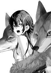  1girl achiki bare_shoulders commentary crop_top crossed_bangs ear_piercing eyelashes fur-trimmed_jacket fur_trim greyscale hair_between_eyes ichinose_uruha ichinose_uruha_(4th_costume) jacket jacket_partially_removed long_hair looking_at_viewer monochrome off_shoulder official_artist_extra open_mouth piercing shirt signature sleeveless sleeveless_shirt solo teeth untranslatable_commentary upper_teeth_only virtual_youtuber vspo! wolf wolf_cut 