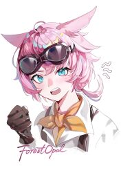  1girl ahoge annoyed aqua_eyes blush brown-framed_eyewear brown_gloves collared_shirt commentary fang final_fantasy final_fantasy_xiv freckles gloves highres low_twintails miqo'te morisenlin orange_scarf pink_hair scarf shirt short_hair simple_background slit_pupils solo suspenders twintails visna_(ff14) white_background white_shirt 