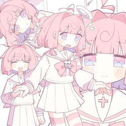  1girl :d ahoge anime_coloring armband blunt_bangs bow bowtie closed_eyes commentary cowboy_shot cross cross_print detached_wings dot_nose from_side hair_intakes halo heart heart_ahoge highres indie_utaite indie_virtual_youtuber long_sleeves looking_at_viewer low_wings mini_wings momone_chinoi multiple_views nano235711 outline pink_armband pink_background pink_hair pink_thighhighs pleated_skirt sailor_collar school_uniform serafuku short_hair simple_background skirt smile straight-on striped_clothes striped_thighhighs thigh-highs utaite virtual_youtuber white_halo white_outline white_sailor_collar white_serafuku wings zettai_ryouiki 