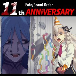  azrael_(grand_assassin)_(fate) blue_hair braid colored_skin commentary_request fate/grand_order fate_(series) grey_skin hair_between_eyes hair_ribbon happy_anniversary hat here's_johnny!_(meme) highres long_hair meme necktie olga_marie_animusphere party_hat ribbon scar the_shining theine_kaas 