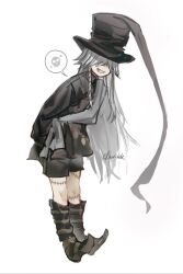  1boy aged_down arms_behind_back black_hat black_shirt black_shorts boots braid brown_boots child commentary deerishk grey_hair grey_scarf grin hair_over_eyes hat high_collar kuroshitsuji long_hair male_focus scarf shirt shorts side_braid simple_background single_braid smile solo speech_bubble spoken_skull stitched_face stitched_leg stitches toes_up undertaker_(kuroshitsuji) untranslatable_commentary white_background 