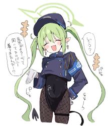  1girl armband blue_archive blue_hat blue_jacket blush commentary_request demon_tail earrings fang fishnet_pantyhose fishnets gloves green_hair green_halo halo hat jacket jewelry nozomi_(blue_archive) pantyhose playboy_bunny pointy_ears sidelocks solo tail twintails white_gloves youbi_(0ver_sd) 