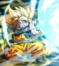  aura black_shoes blonde_hair blue_eyes blue_sash blue_shirt commentary_request dragon_ball dragon_ball_z energy_beam kamehameha_(dragon_ball) looking_at_viewer open_mouth orange_shirt rom_(20) saiyan sash shirt shoes son_goten spiky_hair super_saiyan super_saiyan_1 