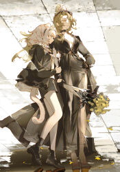  2girls alternate_costume animal_ears arknights arm_hug belt black_bow black_choker black_dress black_gloves black_hairband black_jacket black_shoes black_shorts blonde_hair bouquet bow braid braided_bangs breasts breasts_apart cat_ears cat_girl cat_tail center_opening choker closed_mouth dress extra_ears eyewear_on_head floppy_ears flower from_side full_body gloves goldenglow_(arknights) hair_bow hairband hand_on_own_hip height_difference high_heels highres holding holding_bouquet hood hood_down hooded_jacket jacket long_dress long_hair long_sleeves looking_ahead medium_breasts multiple_girls official_artist_extra petals quercus_(arknights) reflection reflection_focus reflective_liquid serious shoes shorts side_braid side_slit standing sunglasses tail twitter_username yellow_eyes yellow_flower yuji_(fantasia) 