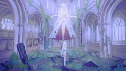  2girls abandoned arch byakugun commentary copyright_request cross-laced_shoes dilapidated dress extra_arms eyeball face_in_shadow facial_mark floating foliage halo highres holding holding_suitcase indoors interlocked_fingers leaf long_dress medium_hair multiple_girls o-ring o-ring_thigh_strap official_art overgrown own_hands_together plant praying shoes side_slit sketch strapless strapless_dress suitcase thigh-highs thigh_strap untranslatable_commentary veil violet_eyes white_hair window 