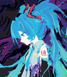  1girl aqua_eyes aqua_hair bare_shoulders blue_eyes blue_hair collared_shirt commentary_request detached_sleeves floating_hair from_side grey_shirt hair_ornament hatsune_miku hexh highres long_hair necktie profile purple_background shirt sleeveless solo twintails upper_body very_long_hair vocaloid 
