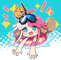  2girls :d ahoge blonde_hair blue_background blue_eyes blush_stickers chibi chibi_only commentary_request goggles goggles_on_head hair_over_one_eye halftone halftone_background highres innertube long_hair milkpanda multicolored_hair multiple_girls notice_lines one_piece open_mouth outline outstretched_arms pink_hair short_hair smile sparkle splashing swim_ring thick_eyebrows two-tone_background two-tone_hair vegapunk_atlas vegapunk_lilith violet_eyes water white_background white_hair white_outline 