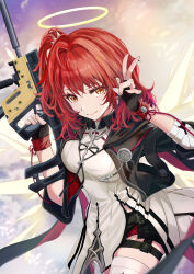  1girl absurdres arinare_(qat7k) arknights black_gloves black_jacket black_shorts closed_mouth commentary_request commission detached_wings dress exusiai_(arknights) exusiai_the_new_covenant_(arknights) fingerless_gloves fingernails gloves gun hair_intakes halo highres holding holding_gun holding_weapon jacket kriss_vector looking_at_viewer open_clothes open_jacket partial_commentary red_hair short_hair shorts shorts_under_dress skeb_commission smile solo submachine_gun thigh-highs traditional_halo trigger_discipline v weapon white_dress white_thighhighs wings yellow_eyes yellow_halo 