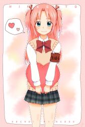  1boy aqua_eyes arikawa_hime armband ben-day_dots blush border bow bowtie brown_sweater_vest closed_mouth commentary_request copyright_name cowboy_shot crossdressing crossdressing_(mtf) curtained_hair dotted_line grey_skirt hair_ribbon heart heart-shaped_pillow highres himegoto holding holding_pillow long_hair long_sleeves looking_at_viewer male_focus miniskirt outline outside_border parted_bangs pillow pink_border pink_hair plaid_clothes plaid_skirt pleated_skirt print_armband red_armband red_bow red_bowtie red_ribbon ribbon school_uniform screentones sidelocks skirt smile solo speech_bubble spoken_heart standing straight-on sweater_vest trap tsugumi_(pixiv_4129460) two-tone_background two_side_up v_arms white_outline 