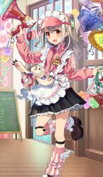  1girl apron black_skirt blush breasts fate/grand_order fate_(series) frilled_hat frills hat hiroyama_hiroshi illyasviel_von_einzbern illyasviel_von_einzbern_(fgo_fes._2026) jacket long_hair long_sleeves looking_at_viewer official_art pink_hat pink_jacket red_eyes sidelocks skirt small_breasts solo thighs two_side_up visor_cap white_apron white_hair 