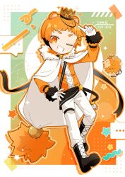  1boy :d ;d animal_ears arm_up black_boots boots border buttons cape chizu_(421ooouy) commentary_request constellation crown full_body fur-trimmed_sleeves fur_trim gloves gradient_background green_background grin index_finger_raised leo_(constellation) lion_boy lion_ears long_sleeves looking_at_viewer male_focus one_eye_closed orange_background orange_eyes orange_hair orange_outline orange_shirt original outline outside_border pants personification shirt short_hair smile solo standing thick_eyebrows white_border white_cape white_gloves white_pants 