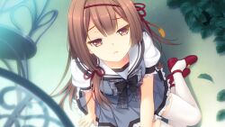  1girl arm_support averting_eyes black_bow black_bowtie bow bowtie brown_eyes brown_hair buttons chair double_bowtie frilled_skirt frilled_sleeves frills from_above game_asset grass grey_bow grey_bowtie grey_skirt grey_vest hair_ribbon half-closed_eyes long_hair miniskirt non-web_source parted_lips plaid_bow plaid_bowtie plaid_clothes pleated_skirt puffy_short_sleeves puffy_sleeves red_shoes ribbon sailor_collar school_uniform self-datamine shirahane_nao shirt shoes short_sleeves sitting skirt table thigh-highs tsuki_ni_yorisou_otome_no_sahou_2 umemiya_iseya vest white_sailor_collar white_shirt white_thighhighs yokozuwari 