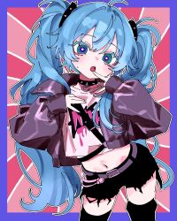  1girl ahoge aqua_eyes aqua_hair black_collar black_shorts black_thighhighs collar commentary_request cropped_jacket cropped_shirt grey_eyes grey_jacket hair_between_eyes hand_up hatsune_miku highres index_finger_raised jacket ktnazm0702 long_hair long_sleeves multicolored_eyes navel shirt shorts solo spiked_collar spiked_hair_ornament spikes sweatdrop thigh-highs torn_clothes torn_shorts two-tone_eyes very_long_hair vocaloid white_shirt 