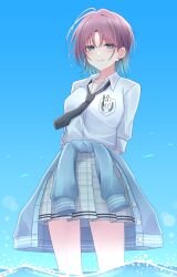  1girl absurdres aqua_eyes arms_behind_head asakura_toru black_necktie blue_cardigan blush cardigan cardigan_around_waist clothes_around_waist commentary_request earrings gradient_hair grey_skirt highres idolmaster idolmaster_shiny_colors jewelry looking_at_viewer loose_necktie masurao19 multicolored_hair necktie open_collar outdoors plaid_clothes plaid_skirt pleated_skirt purple_hair school_uniform shirt skirt smile solo wading white_shirt 