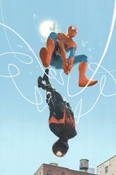  2boys absurdres animal_print black_bodysuit bodysuit commentary english_commentary flying highres male_focus marcaspinall marvel miles_morales multicolored_bodysuit multiple_boys outdoors peter_parker print_bodysuit red_bodysuit silk spider-man spider-man_(miles_morales) spider-man_(series) spider_print spider_web spider_web_print superhero_costume swinging_on_web two-tone_bodysuit 