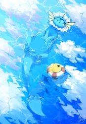  afloat animal_focus cetacean_tail fins fish_tail forked_tail head_fins highres natu_a0z0ra no_humans ocean on_innertube pokemon pokemon_(creature) pokemon_focus psyduck tail vaporeon water 