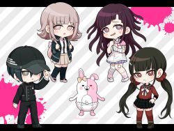  1boy :d :o apron bandaged_arm bandages black_hair black_jacket black_shoes blood blunt_bangs blush breasts brown_eyes brown_hair brown_shoes buttons chibi collared_shirt colored_blood commentary_request danganronpa_(series) danganronpa_2:_goodbye_despair danganronpa_v3:_killing_harmony diagonal-striped_background flipped_hair frown hair_between_eyes hair_ornament hair_scrunchie hairclip harukawa_maki hat highres jacket kara_ageage614 long_hair long_sleeves looking_at_viewer low_twintails medium_hair miniskirt mole mole_under_eye monomi_(danganronpa) nanami_chiaki neck_ribbon open_clothes open_jacket open_mouth pants pink_blood pink_eyes pink_ribbon pink_shirt pleated_skirt puffy_short_sleeves puffy_sleeves red_eyes red_scrunchie red_shirt red_thighhighs ribbon saihara_shuichi sailor_collar school_uniform scrunchie shirt shoes short_hair short_sleeves skirt smile striped_background striped_clothes sweatdrop thigh-highs tsumiki_mikan twintails white_apron white_background white_shirt white_shoes zettai_ryouiki 