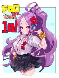  1girl arm_scrunchie black_skirt bow bowtie choker collared_shirt commentary_request fate/grand_order fate_(series) flower forehead hair_flower hair_ornament highres long_hair long_sidelocks miniskirt niwaikanai partially_unbuttoned pleated_skirt pocket ponytail purple_hair red_bow red_bowtie scrunchie shirt sidelocks skirt solo undone_bowtie very_long_sidelocks violet_eyes white_shirt wu_zetian_(fate) yellow_scrunchie 