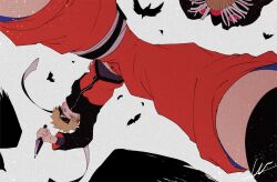  1boy akatsuki_uniform blonde_hair blue_eyes commentary_request fishnet_top fishnets forehead_protector from_below grey_background highres holding holding_kunai holding_weapon jumpsuit kkno_k konohagakure_symbol kunai looking_at_viewer looking_down male_focus naruto_(series) orange_jumpsuit orange_pants pants signature simple_background solo uzumaki_naruto weapon 