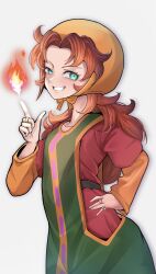  aqua_eyes bonnet brown_hair collarbone commentary_request curtained_hair dragon_quest dragon_quest_vii eyelashes fire green_tabard grin hand_on_own_hip highres jewelry long_hair long_sleeves maribel_(dq7) multiple_rings orange_bonnet pyrokinesis red_tunic ring simple_background smile tabard teeth teru_(guzzlord_7074) tunic white_background 